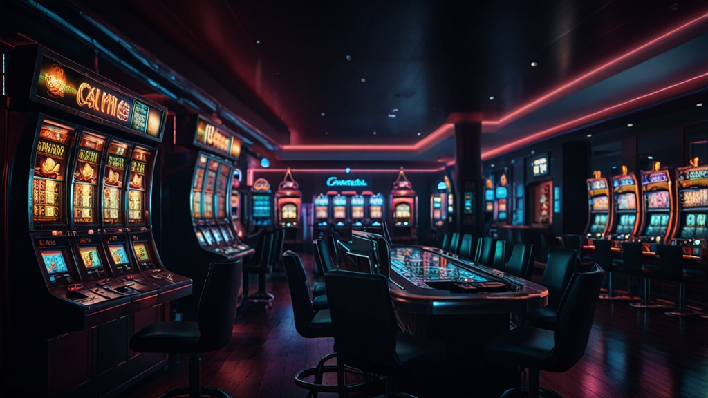 Pantallas con varias tragaperras y fichas en un casino oscuro y moderno.