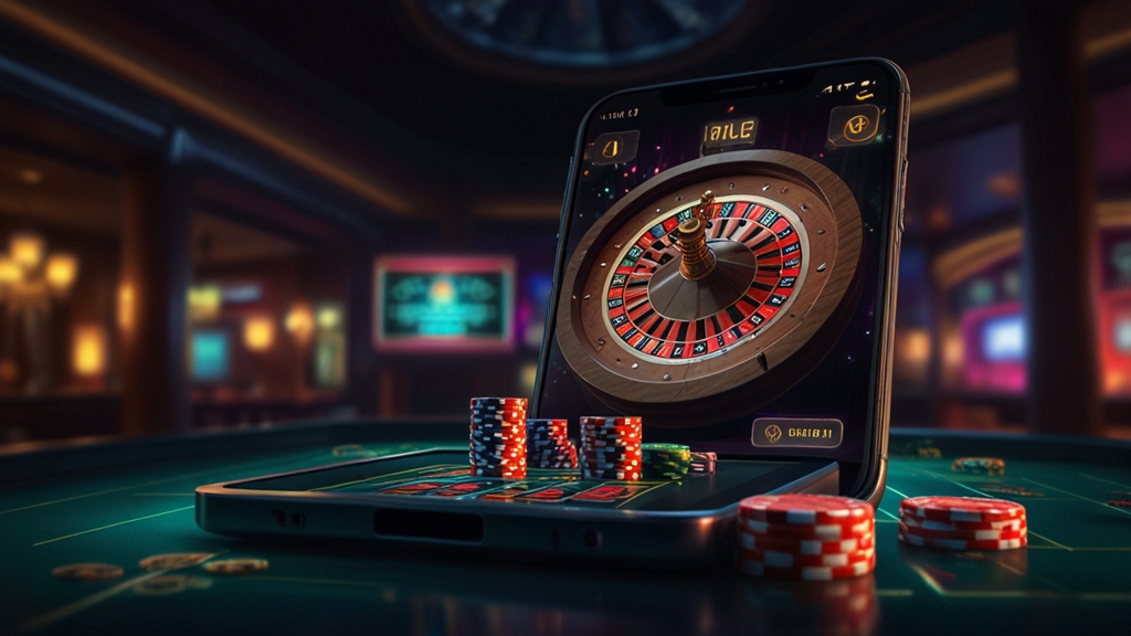 Móvil con pantalla de descarga de la app de Rolldorado en un entorno de casino oscuro.