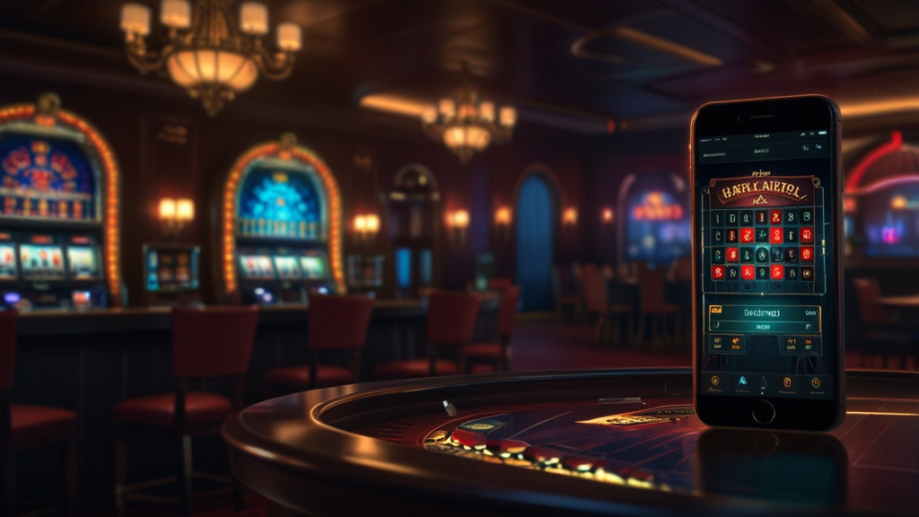 Pantalla móvil con acceso rápido a Rolldorado y luces de casino al fondo.