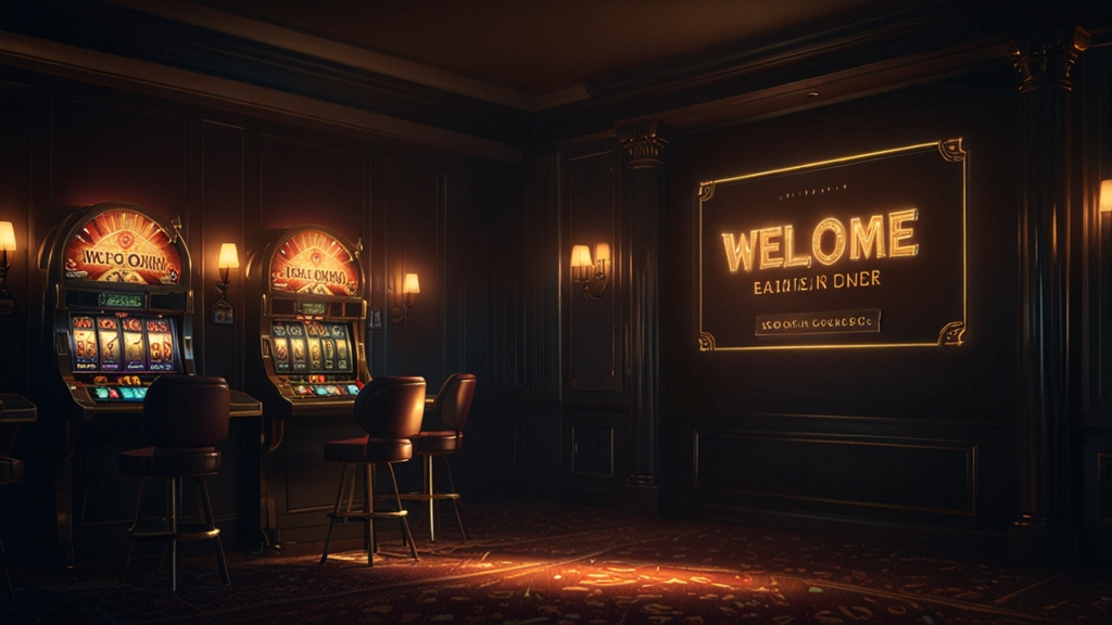 Pantalla de bienvenida del casino con un bono iluminado y fichas doradas