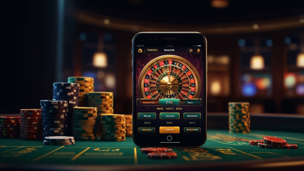 Comparativa visual de acceso móvil con smartphone y ambiente de casino oscuro.